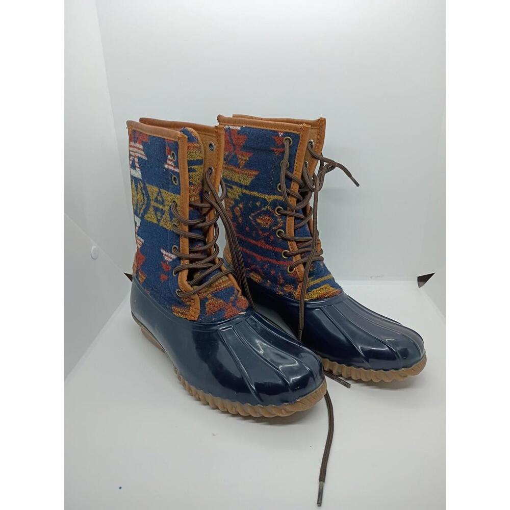 Madden Girl Aztec Rubber Winter S Boots Size 7 Women’s Southwest Fabric Navy New